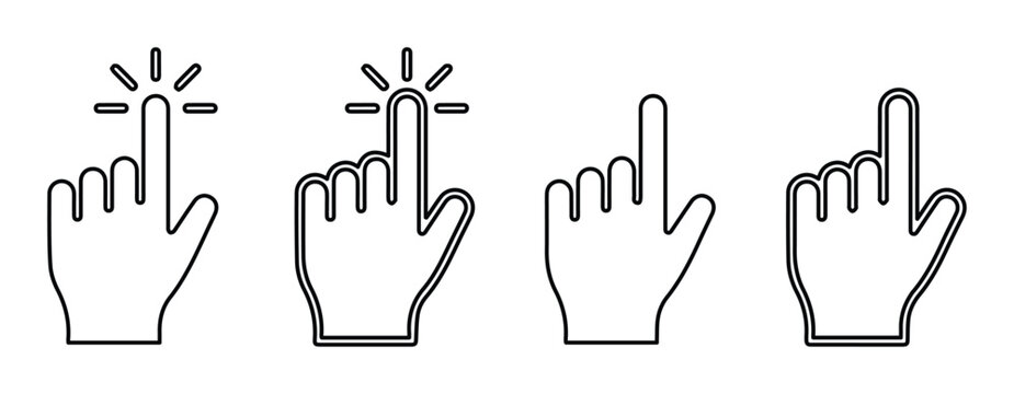 Minimalist hand cursor icon set, black outline clicking finger symbols, modern touch screen gesture vectors for web and mobile UI design
