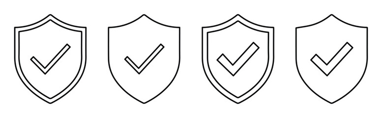 Minimalist shield icons with checkmarks, set of 4 security vector symbols, thin line protection and verification graphics for web and app design © Farah-Studio