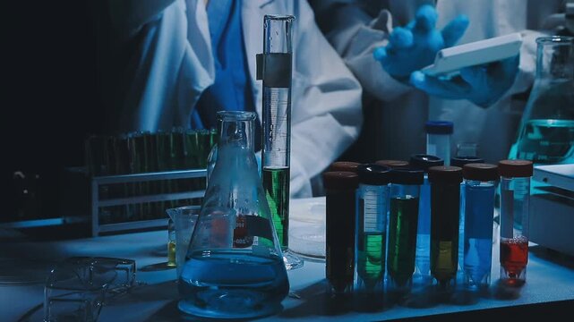 A laboratory technician makes microscopic bacteriological examination with the reagents. Work in microlaboratories