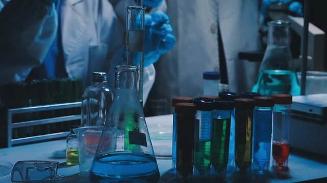 A laboratory technician makes microscopic bacteriological examination with the reagents. Work in microlaboratories
