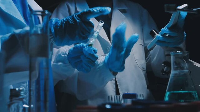 A laboratory technician makes microscopic bacteriological examination with the reagents. Work in microlaboratories
