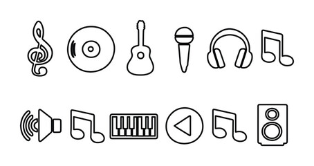 Minimalist music icon set with 12 thin line vector elements, musical instruments and audio equipment symbols, black outline sound icons for web design © Farah-Studio