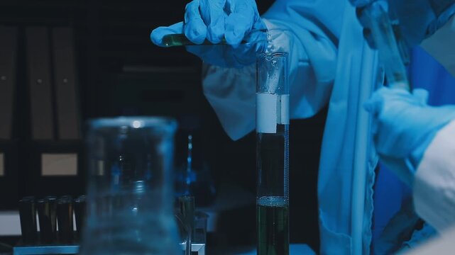 A laboratory technician makes microscopic bacteriological examination with the reagents. Work in microlaboratories