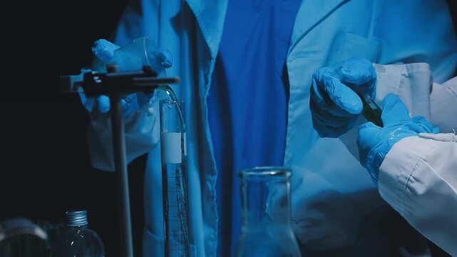 A laboratory technician makes microscopic bacteriological examination with the reagents. Work in microlaboratories