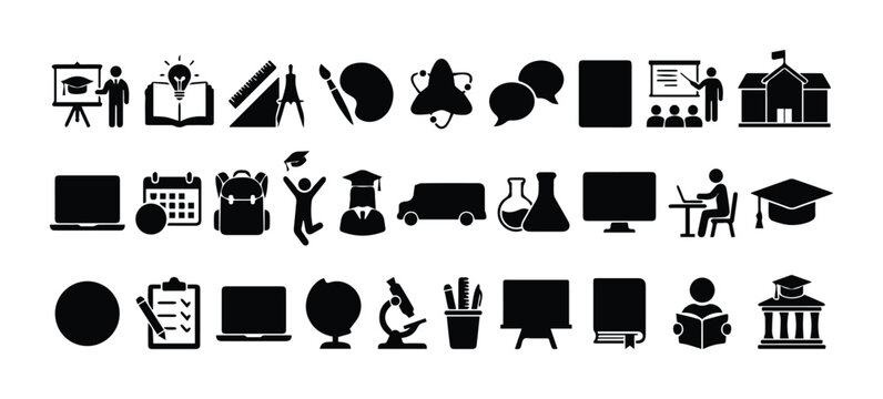 Education and school icon set, black silhouette academic symbols vector, 30 learning and university graphics for web and print design
