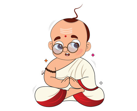 Cute indian cartoon brahmin boy meditating vector illustration