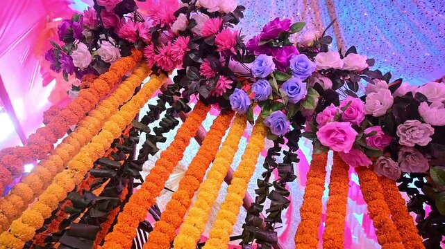 Luxury Wedding Venue Decoration with Colorful Flower Arrangements, The decorative wedding backdrop features flowers, lights, floral arches, and festive stage elements used during marriage celebrations
