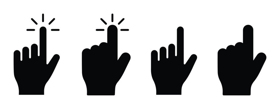 Minimalist hand cursor icon set, black silhouette finger clicking symbols, 4 vector touch gesture elements for web and app interface design