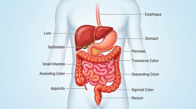 Human digestive system anatomy with labeled organs