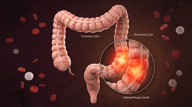 Inflamed colon illustration with blood cells medical diagram for inflammatory bowel disease research