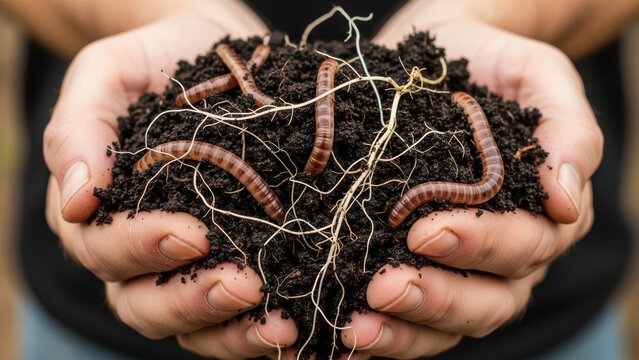 Two hands holding dark compost soil full of live earthworms.