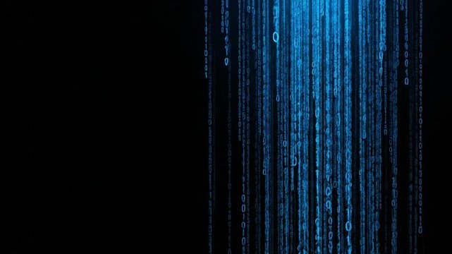 Glowing blue binary code streams falling down against a dark black background