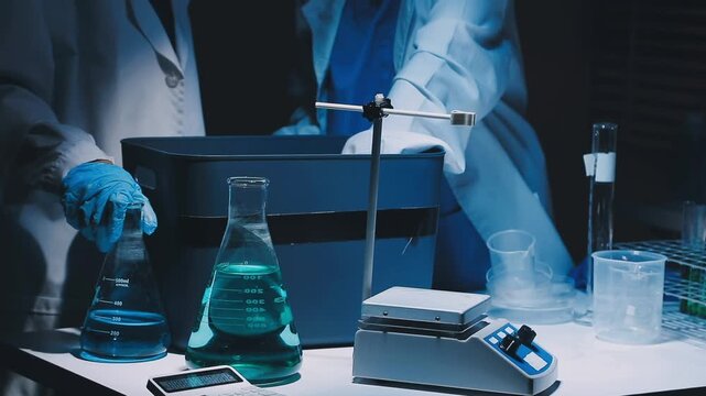 A laboratory technician makes microscopic bacteriological examination with the reagents. Work in microlaboratories