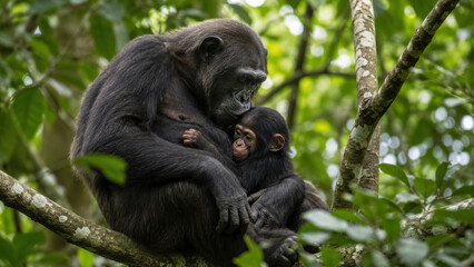 Naklejka premium A mother chimpanzee cradles her baby in a lush green forest. The bond between them is evident as they sit peacefully among the branches.