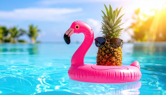 Pineapple in Sunglasses Floats on Pink Flamingo Inflatable in a Sunny Swimming Pool