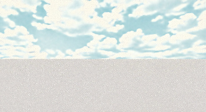 Trendy halftone photocopy stipple effect horizontal background featuring cloudy sky texture with grunge punk grainy dotted collage art design in a modern retro vector illustration style.