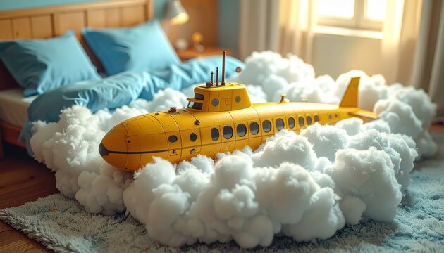 Yellow submarine sailing through fluffy white clouds on a bed