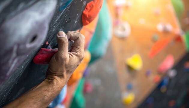 Close-up of hand gripping climbing hold on a brightly lit climbing wall