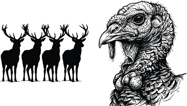 Wild Game Hunting Vector Elements Set Featuring Deer Silhouettes and Detailed Turkey Portrait Sketch Illustration