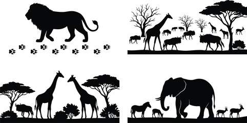 African safari animal silhouettes set featuring lion elephant giraffes and wildebeest in savanna landscape isolated on white background © MstNajma