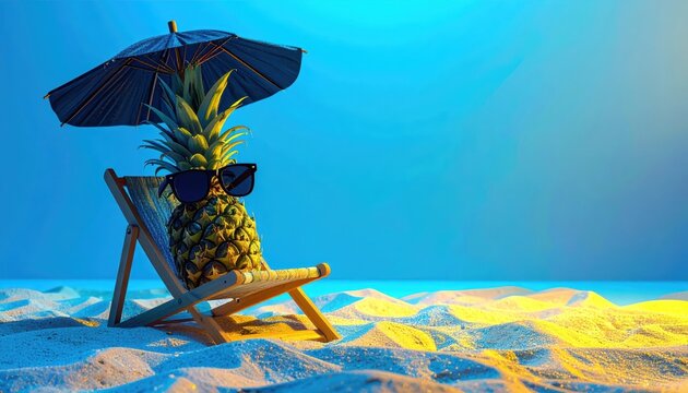 Pineapple wearing sunglasses relaxing on a beach chair under an umbrella on a tropical sandy beach