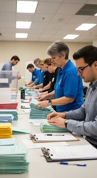 Group of dedicated election poll workers processing ballots in a secure facility.