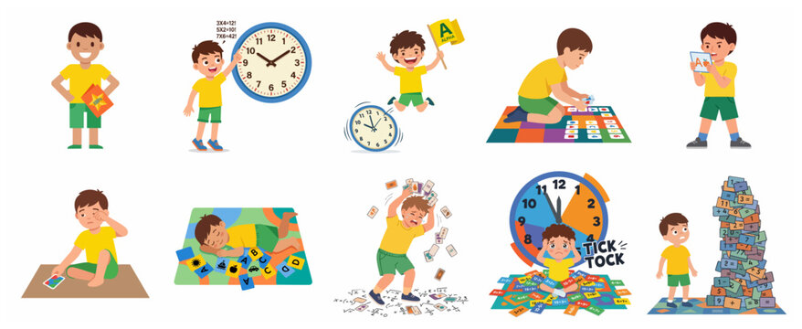 Little boy student character set in various learning activities and emotional expressions, including studying math, alphabet, time management, stress and success.