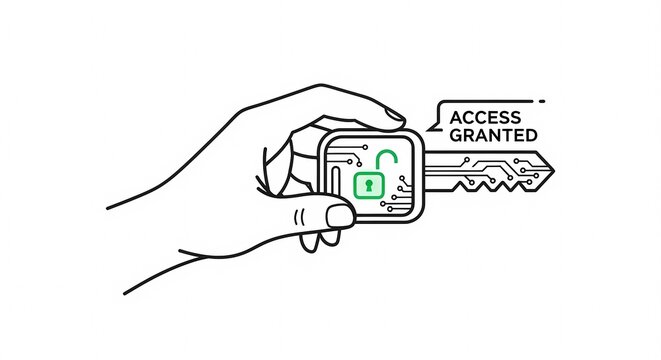 Hand Holding Digital Key With Access Granted Symbol.