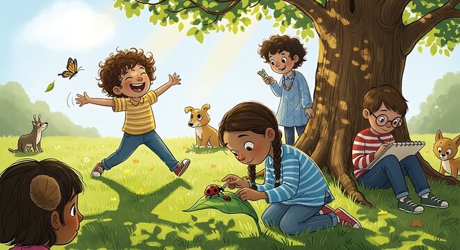 Happy group of diverse children playing and exploring in a sunlit park under a large tree.