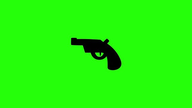 Dynamic 4K resolution asset showing a lethal handgun pistol weapon silhouette bouncing into frame. Playful pop-up defense firepower icon element layout.