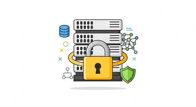 Secure Server Data Protection with Padlock and Shield Icon.