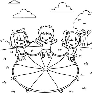 Three children happily playing on large parachute toy outdoors.