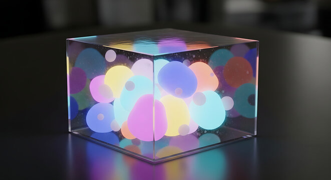 Abstract colorful orbs within a transparent cubic container 3d rendering