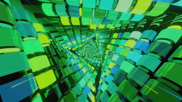 Hypnotic seamless VJ loop of a futuristic geometric spiral tunnel. Abstractvortex made of twisting blocks and digital structures, creating a deep perspective for stage screens and techno music events