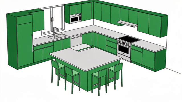 Modern green kitchen with white countertops and central island featuring four matching chairs and built-in appliances