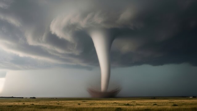 Massive dangerous tornado funnel cloud touching down over green prairie.