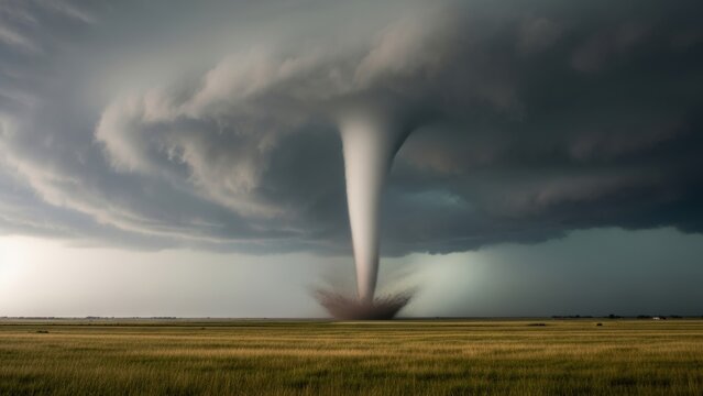 Dark powerful tornado twister cloud destroying flat green prairie landscape.