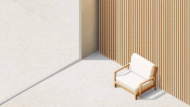 Empty white armchair with wooden frame positioned in a minimalistic corner with textured wall and vertical wooden slats interior design