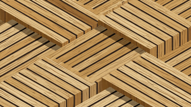 Close-up of overlapping wooden slats with natural beige and brown tones and linear textures