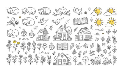 Fototapeta premium Cozy summer doodle set with cats birds flowers houses cups and books