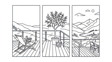 Minimalist Mountain Balcony View Line Art Triptych Illustration © Dodol Creative Stock