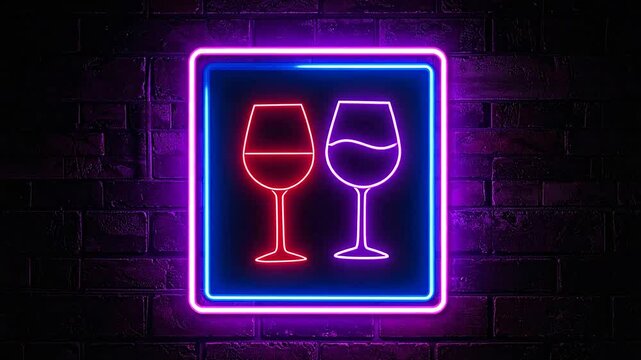 A glowing neon sign featuring two wine glasses mounted on a dark brick wall