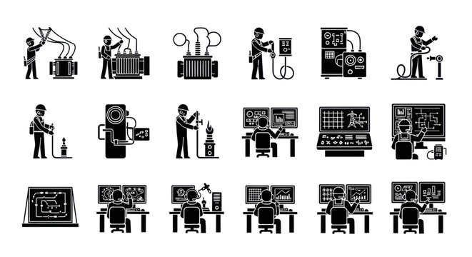 Electrical Engineering and Power Grid Control Icon Set