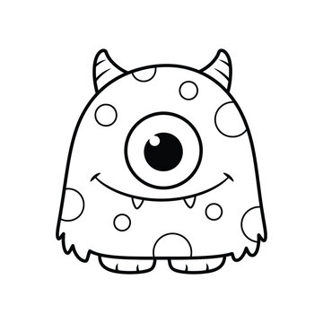 Cute one-eyed cartoon monster vector outline illustration for kids coloring book
