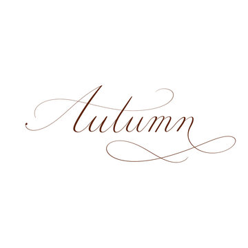 &ldquo;Autumn&rdquo; in copperplate calligraphy with flourishing. Handwritten. Transparent background.
