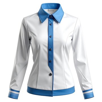 White chef jacket with blue trim and hat.