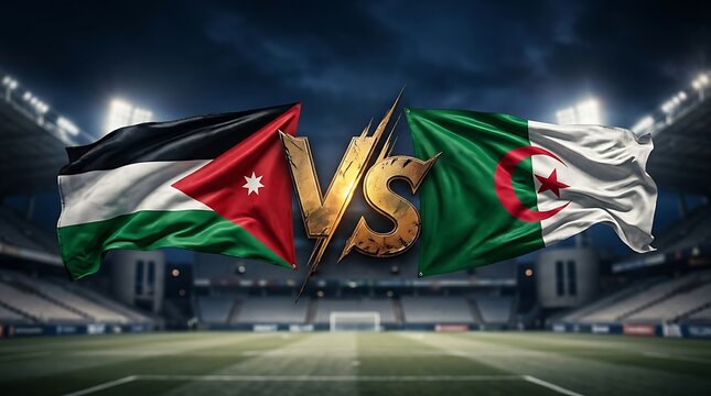 Jordan VS Algeria football match. An exciting 3D stadium scene featuring two national flags facing each other for a global soccer championship.
