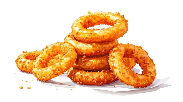 A delicious stack of crispy golden fried onion rings on a white background