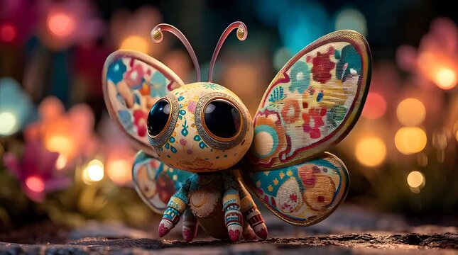 Cute colorful chubby butterfly toy with big eyes in a vibrant blurred background