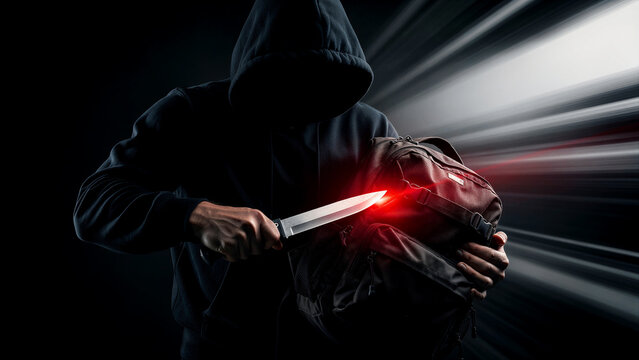 Hooded criminal holding a knife and stolen backpack in a dark alley. Faceless thief preparing to commit a robbery. Crime and safety concept for security awareness and law enforcement campaigns.